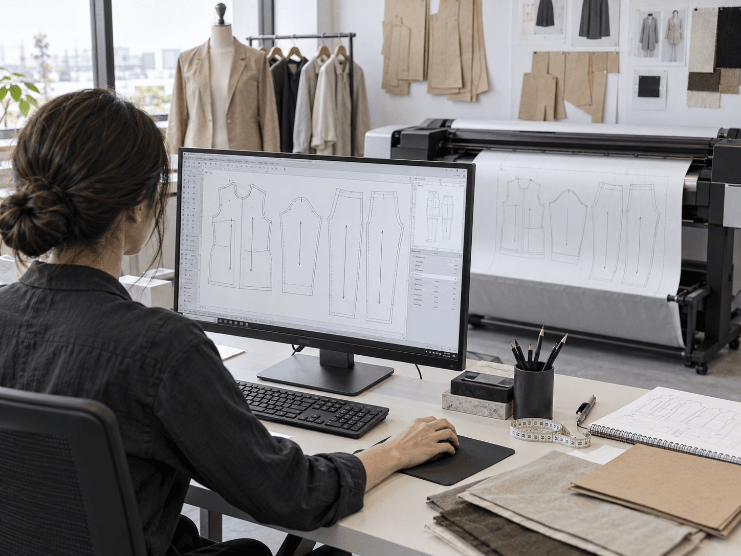 Apparel CAD operator preparing digital garment patterns