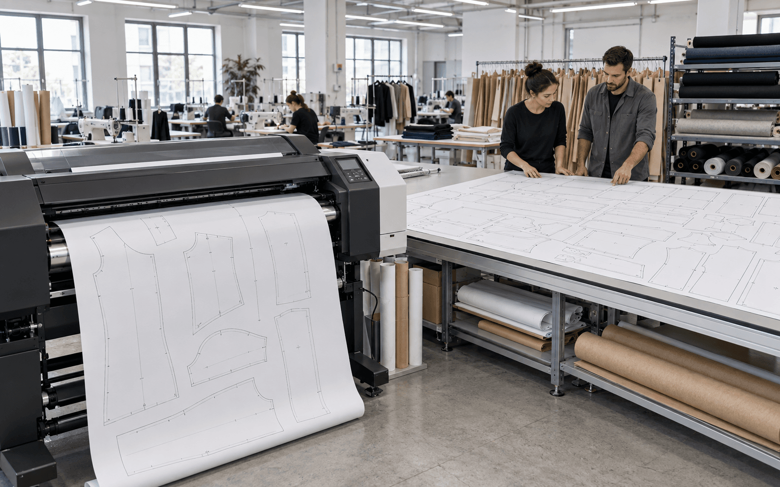 Garment production team working with plotted apparel patterns