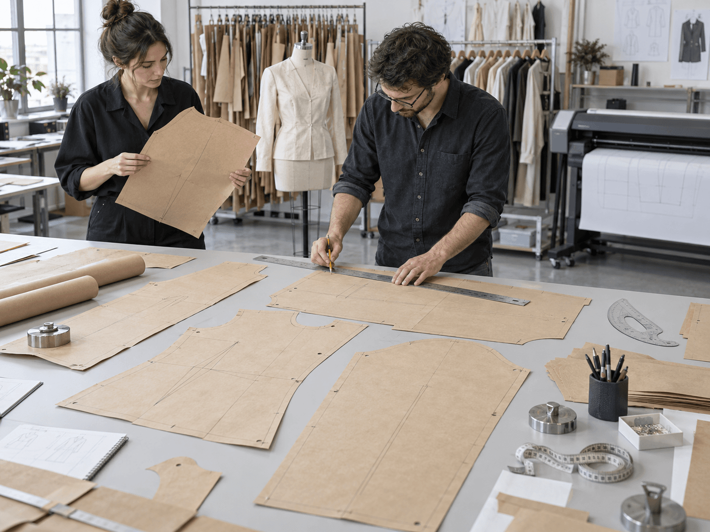 Pattern makers reviewing full-size garment patterns