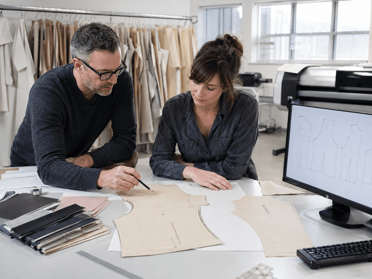 Professionals reviewing garment paper patterns and CAD drawings