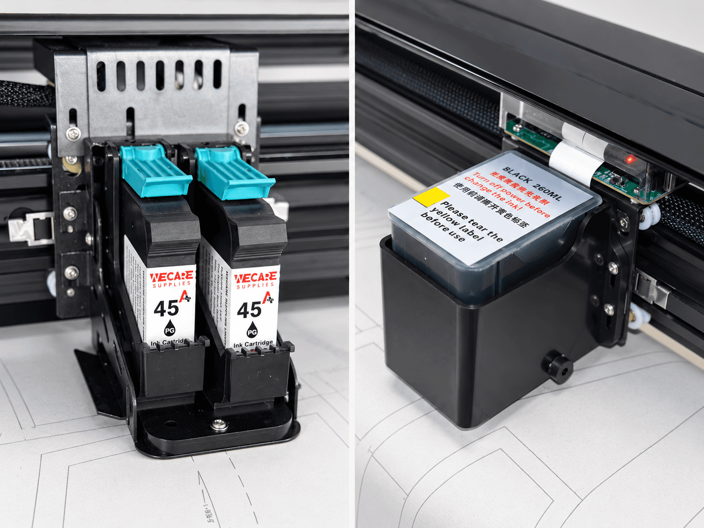 HP45 cartridges and a large-capacity ink cartridge installed in garment plotters