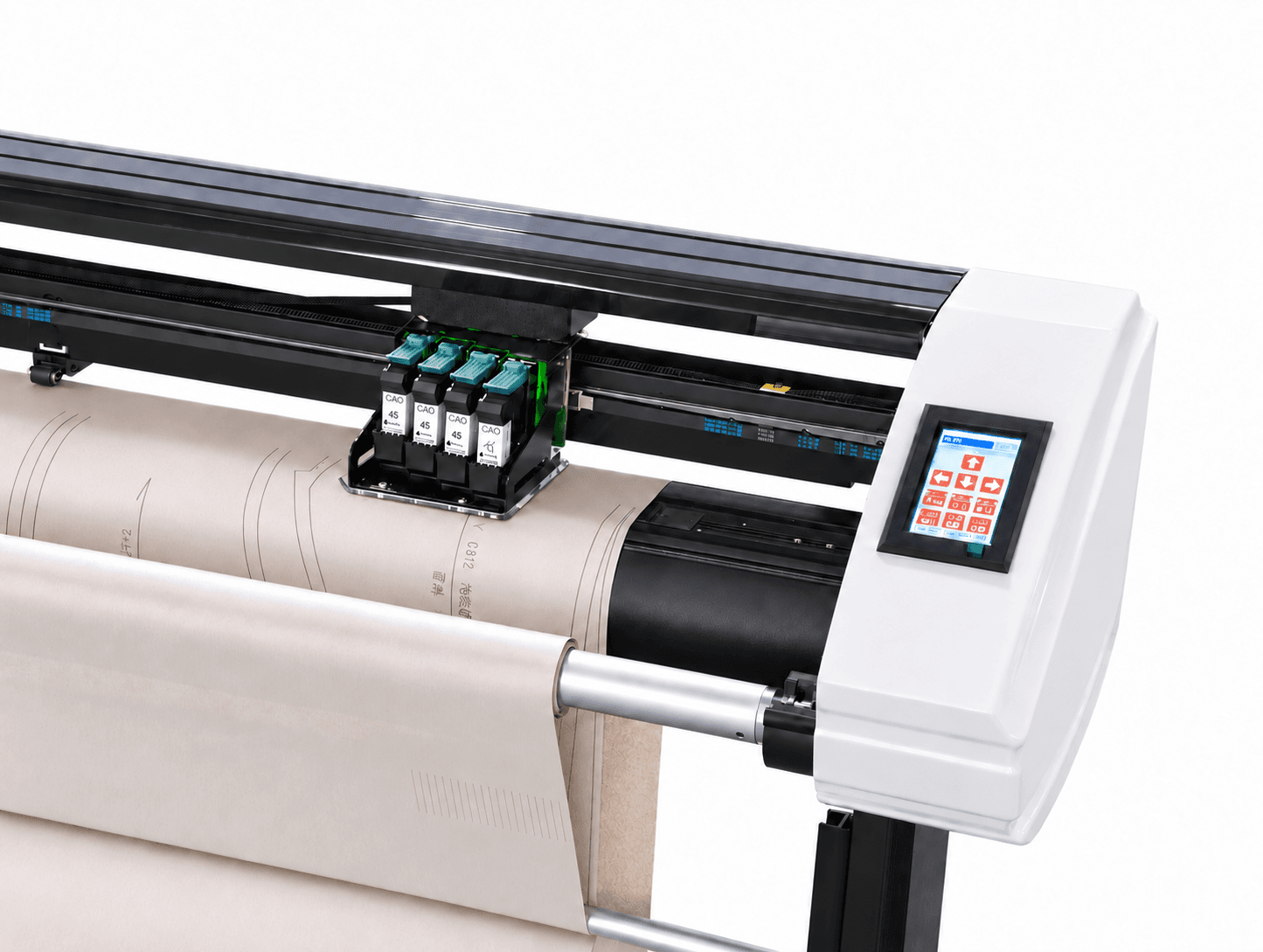 Garment plotter printing paper patterns with the control screen visible
