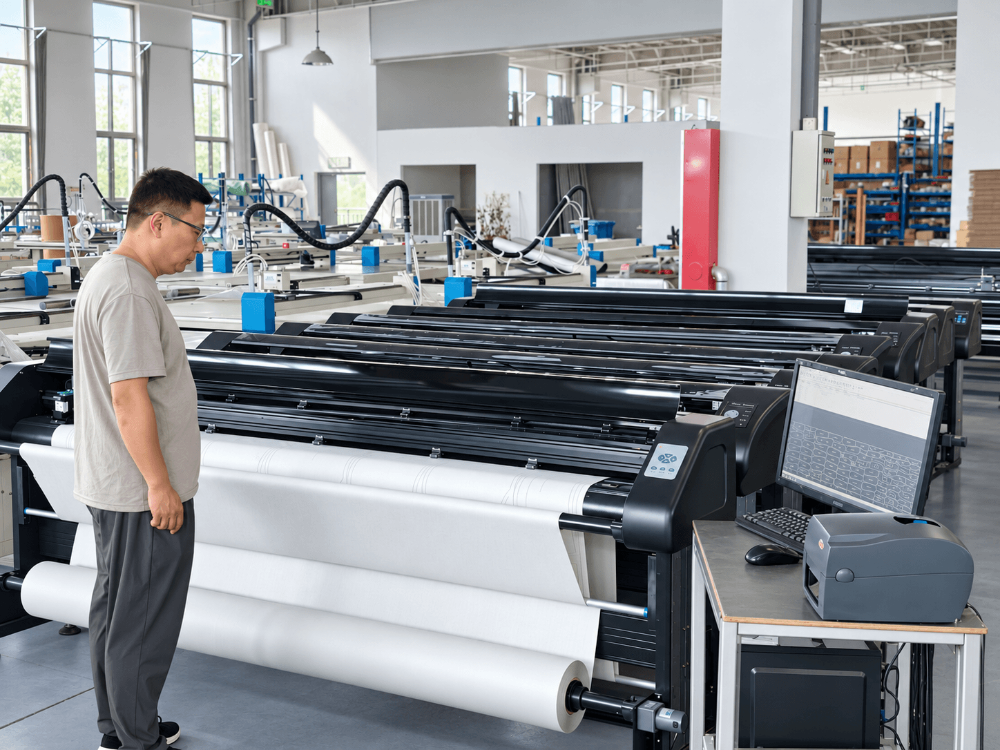 Operator checking a garment plotter in the WECARE manufacturing facility