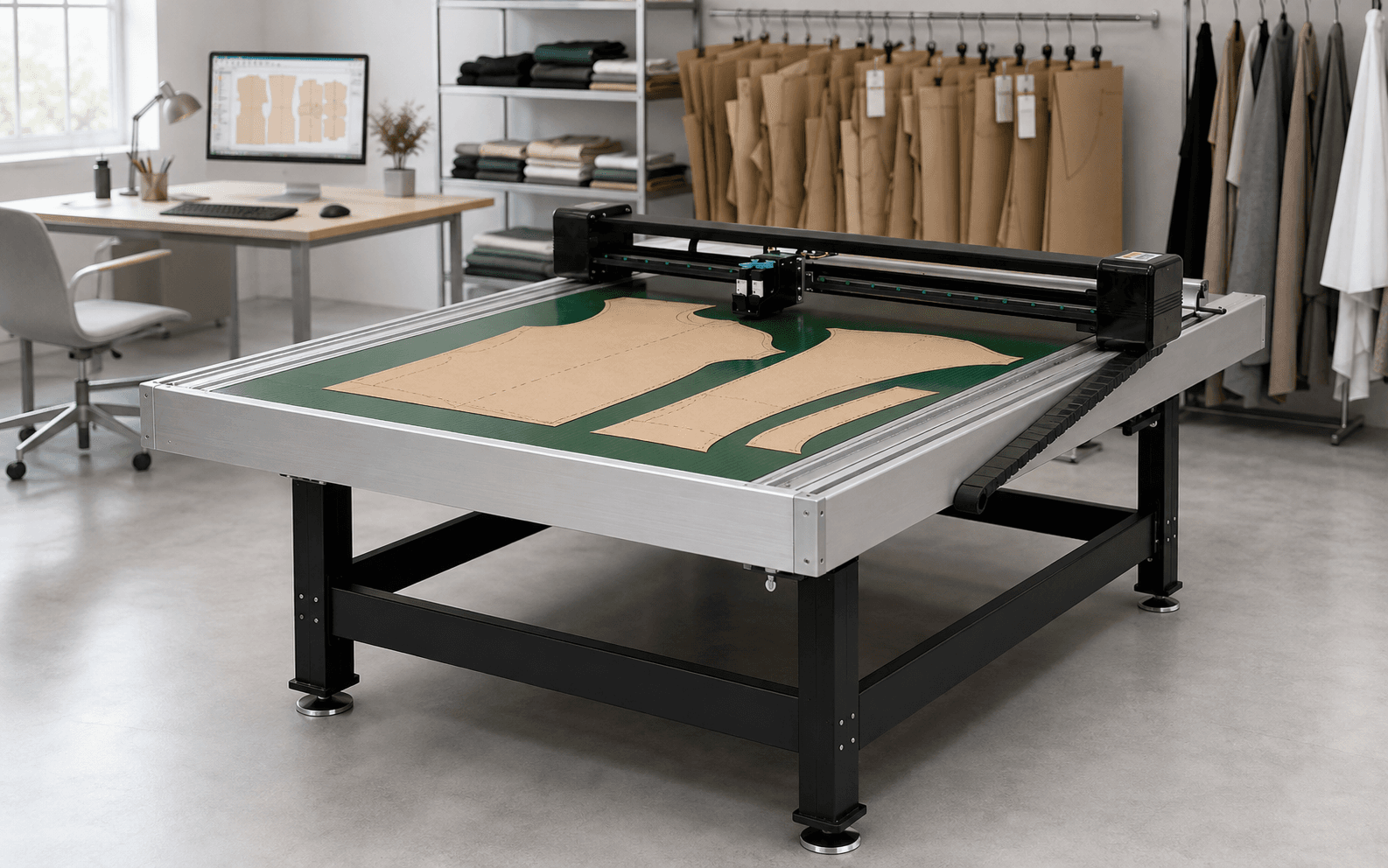 Flatbed cutting plotter with garment paper patterns on its green cutting surface in a modern pattern room