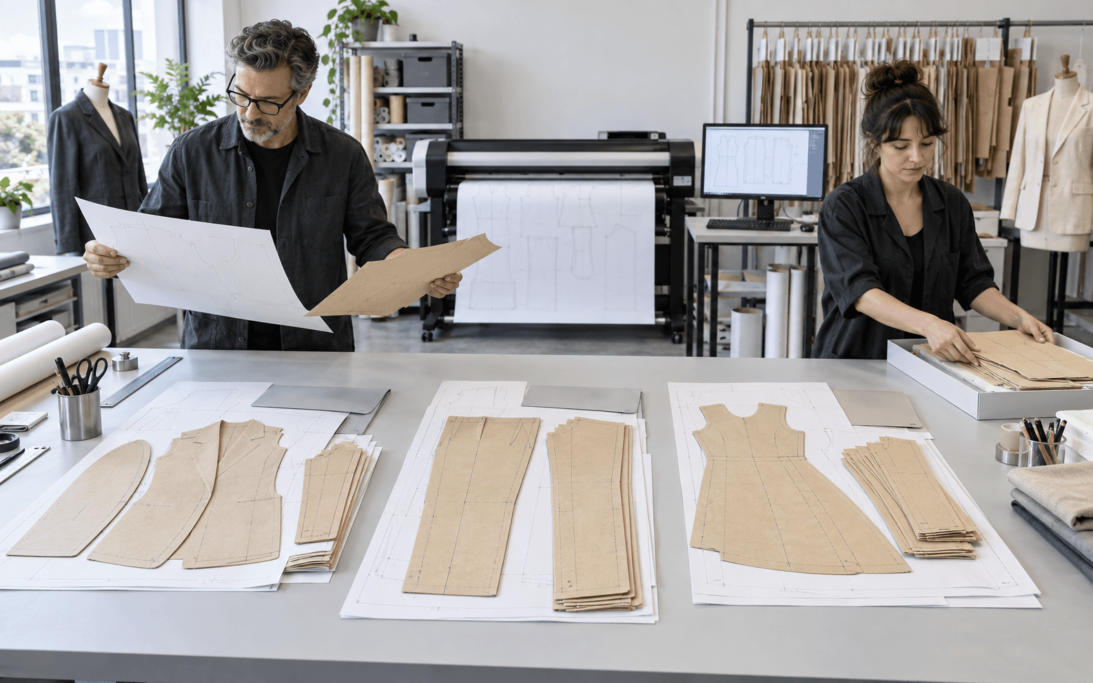 Illustrative patternmaking service center with technicians checking and organizing multiple garment pattern sets