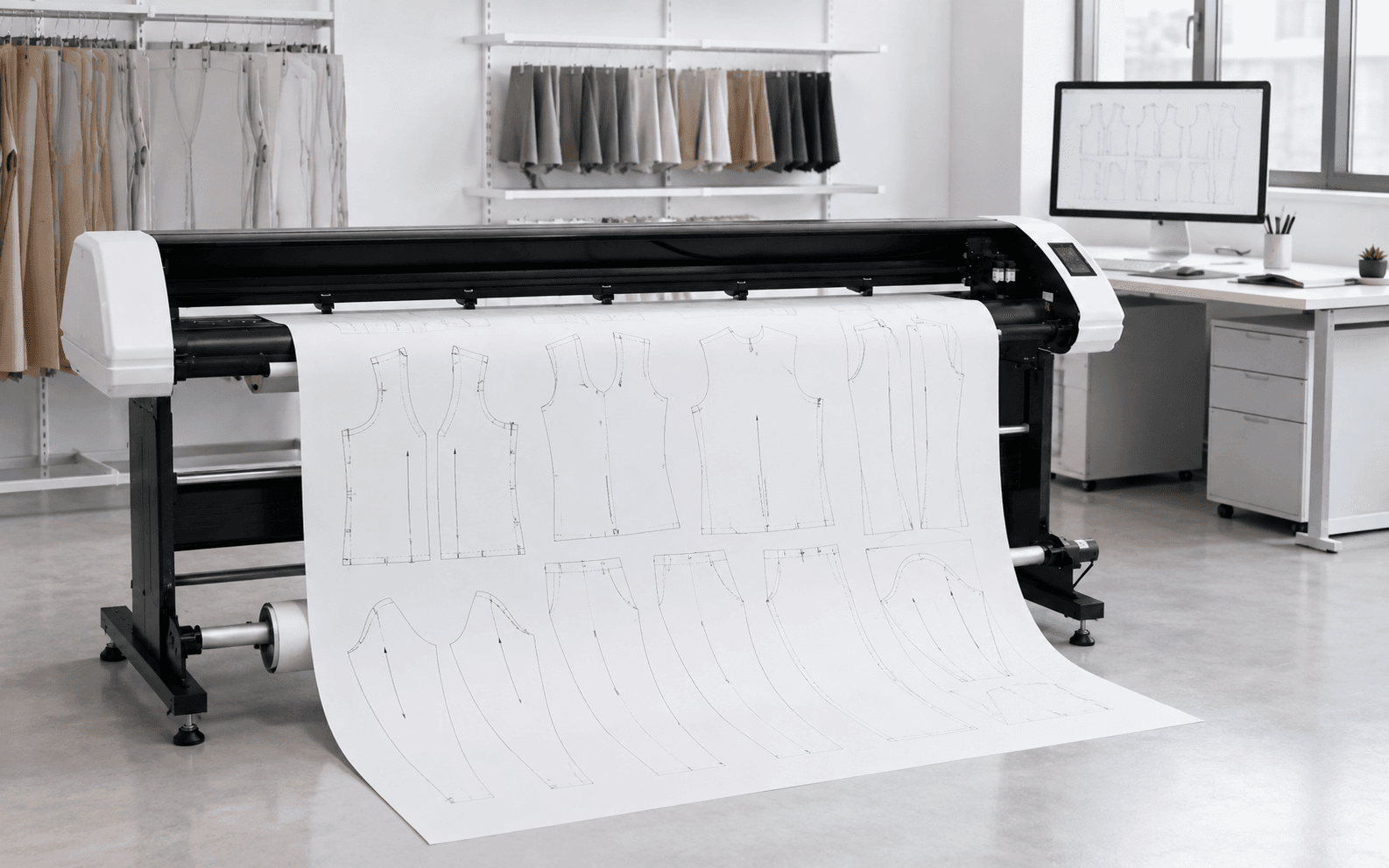 Garment inkjet plotter printing sewing patterns in a modern CAD room