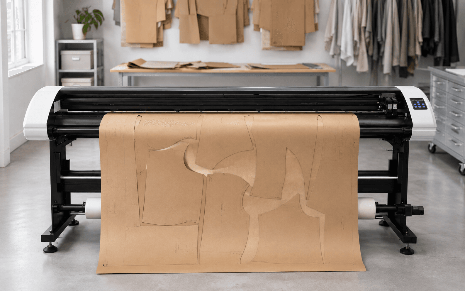 Vertical cutting plotter with printed and cut kraft garment patterns in a modern pattern room
